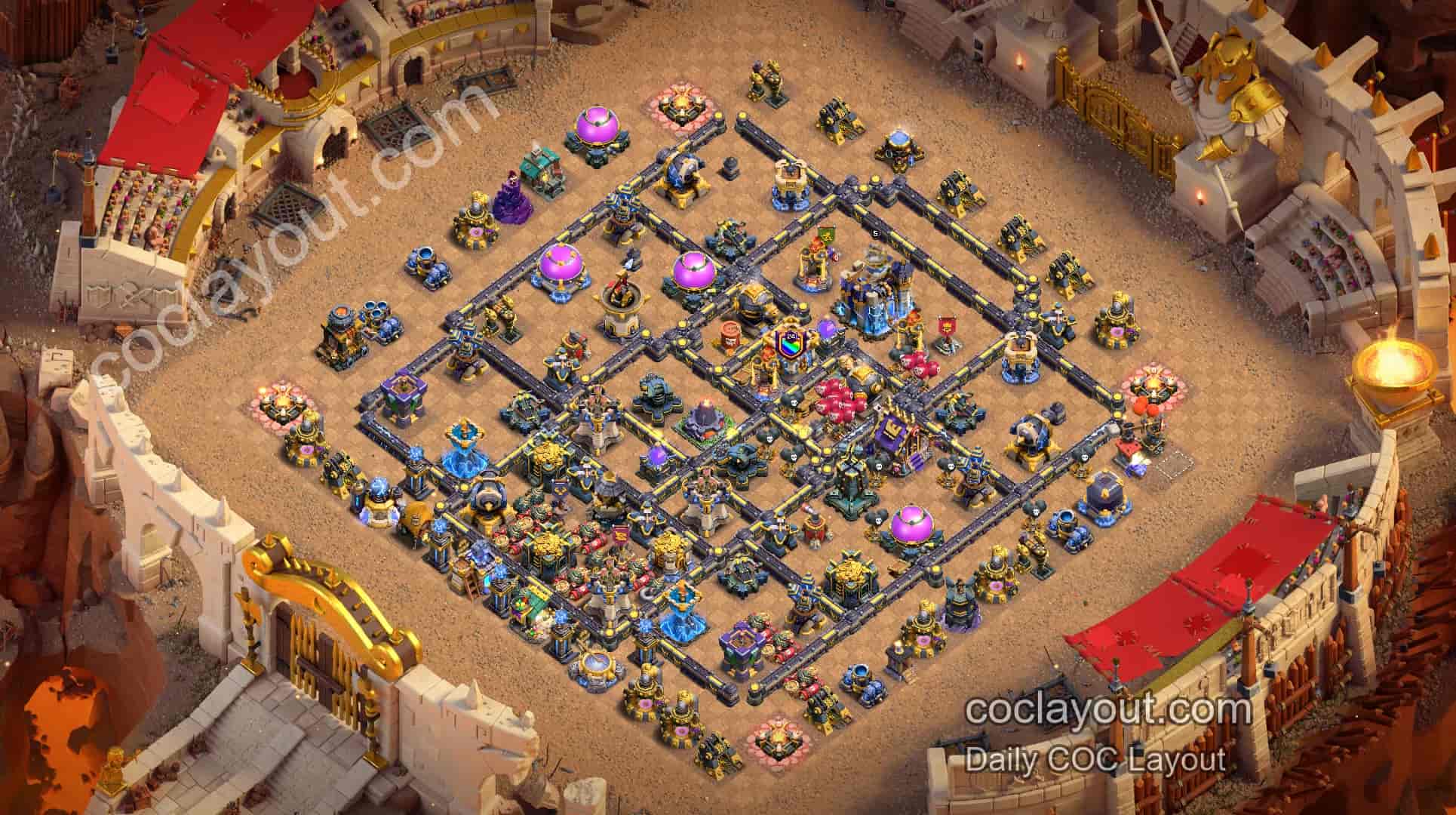 Beste anti-3-stjerners baseoppsett for rådhus 18 i Clash of Clans - Home Village TH18 Basebilde Beste anti-3-stjerners baseoppsett for rådhus 18 i Clash of Clans - Home Village TH18 Basebilde