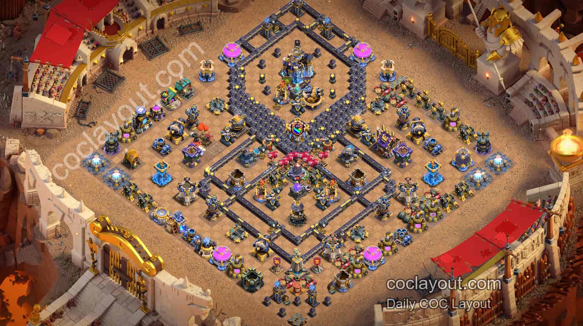 TH18 Symmetrical Clan War Base: Offset Town Hall and Invisibility Towers for Strong Defense - Home Village TH18 Base Image TH18 Symmetrical Clan War Base: Offset Town Hall and Invisibility Towers for Strong Defense - Home Village TH18 Base Image