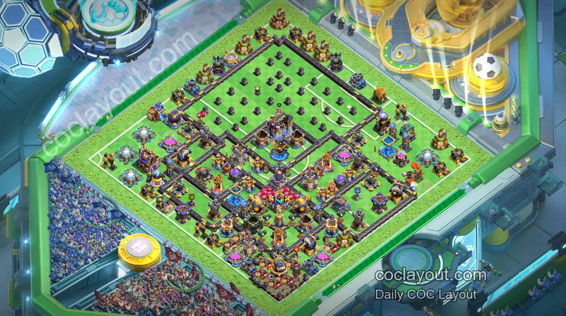 COC TH18 Clan War Legend League Base: Central Town Hall with Poison and Rage Towers - Home Village TH18 Base Image COC TH18 Clan War Legend League Base: Central Town Hall with Poison and Rage Towers - Home Village TH18 Base Image