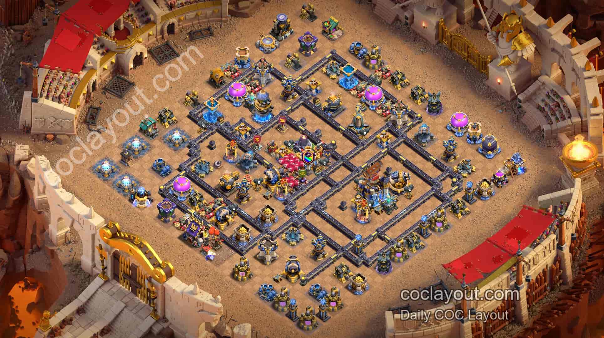 Reka Letak Perang Klan TH18 Berasaskan Grid yang Kuat: Dua Menara Jampi Halimunan + Dewan Bandar di Posisi Sisi, Sukar Mendapat Tiga Bintang - Home Village TH18 Imej Pangkalan Reka Letak Perang Klan TH18 Berasaskan Grid yang Kuat: Dua Menara Jampi Halimunan + Dewan Bandar di Posisi Sisi, Sukar Mendapat Tiga Bintang - Home Village TH18 Imej Pangkalan