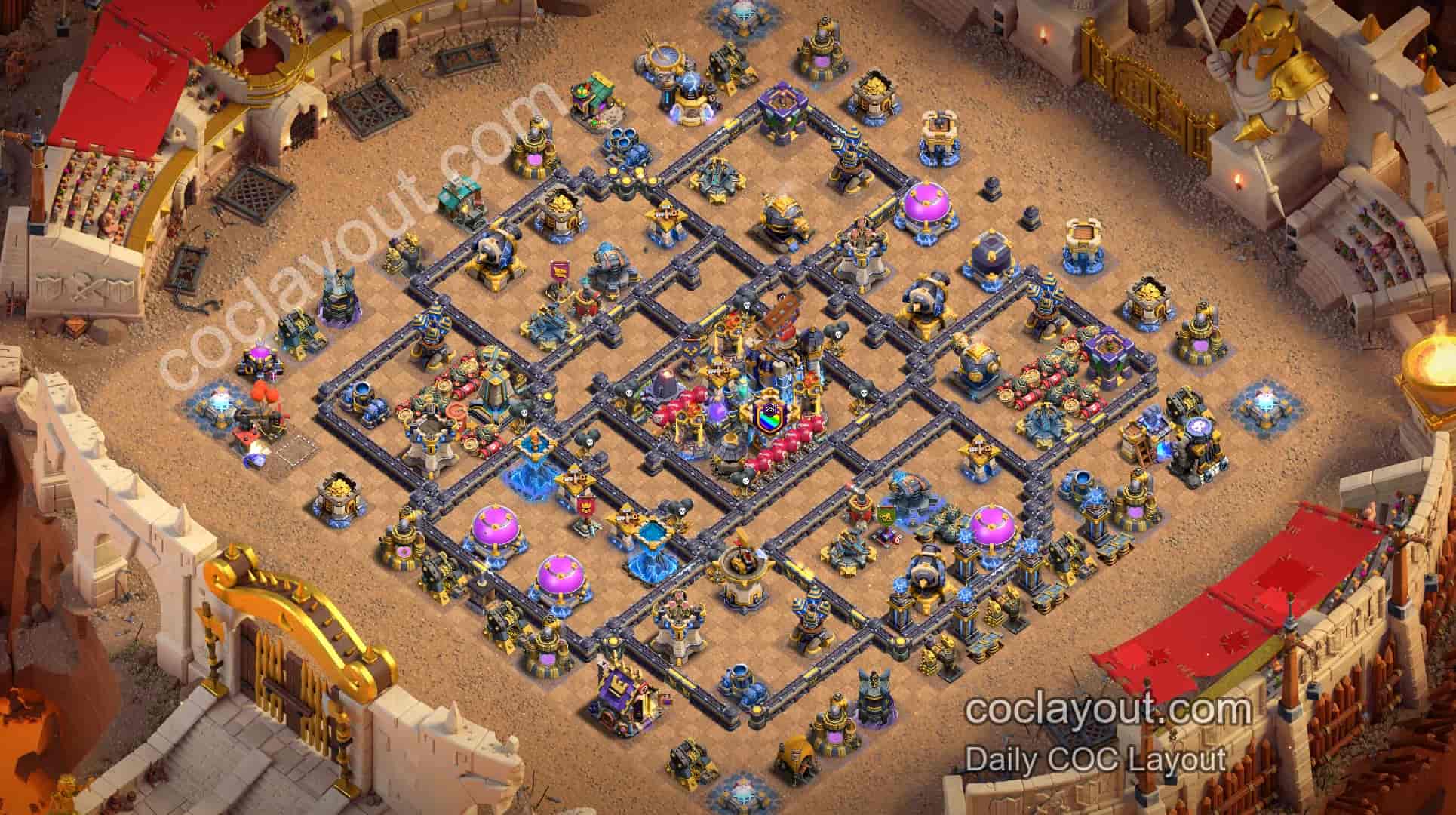 COC TH18 클랜전 3별 방어 배치: 대칭 격자 링 유도와 분노·투명화 타워의 고압 방어 - 홈 빌리지 TH18 배치 이미지 COC TH18 클랜전 3별 방어 배치: 대칭 격자 링 유도와 분노·투명화 타워의 고압 방어 - 홈 빌리지 TH18 배치 이미지