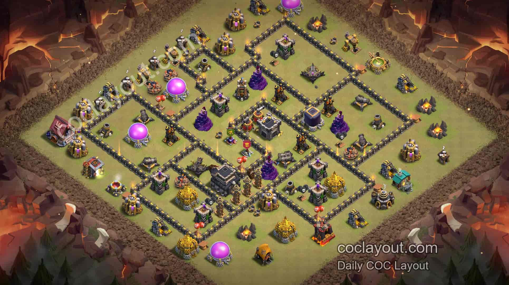 COC TH9 Clan War Grid Pathing Base: Offset Town Hall Makes Attacks Harder to Plan - Home Village TH9 Base Image COC TH9 Clan War Grid Pathing Base: Offset Town Hall Makes Attacks Harder to Plan - Home Village TH9 Base Image