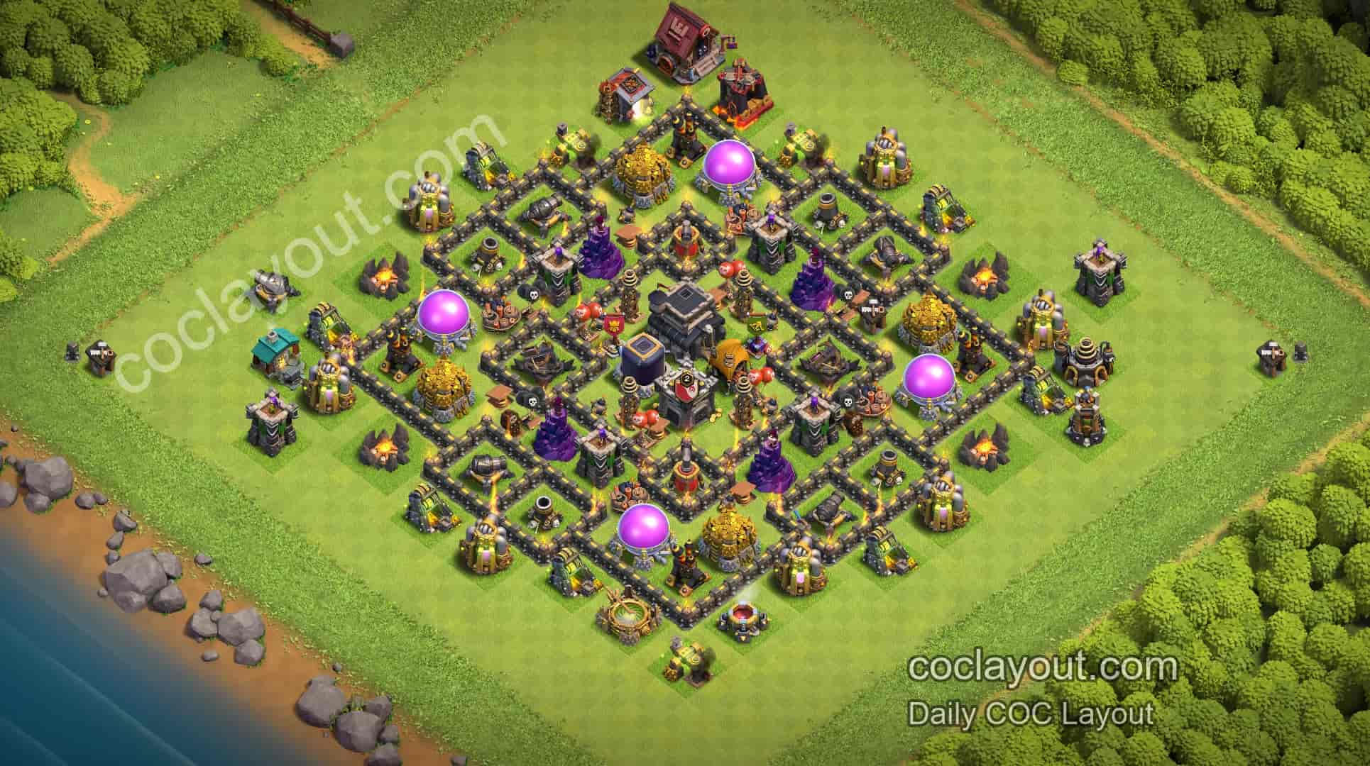 Best TH9 Clan War Compartment Base: Town Hall Centered to Defend Against 3 Stars | COC War Layout Showcase - Home Village TH9 Base Image Best TH9 Clan War Compartment Base: Town Hall Centered to Defend Against 3 Stars | COC War Layout Showcase - Home Village TH9 Base Image