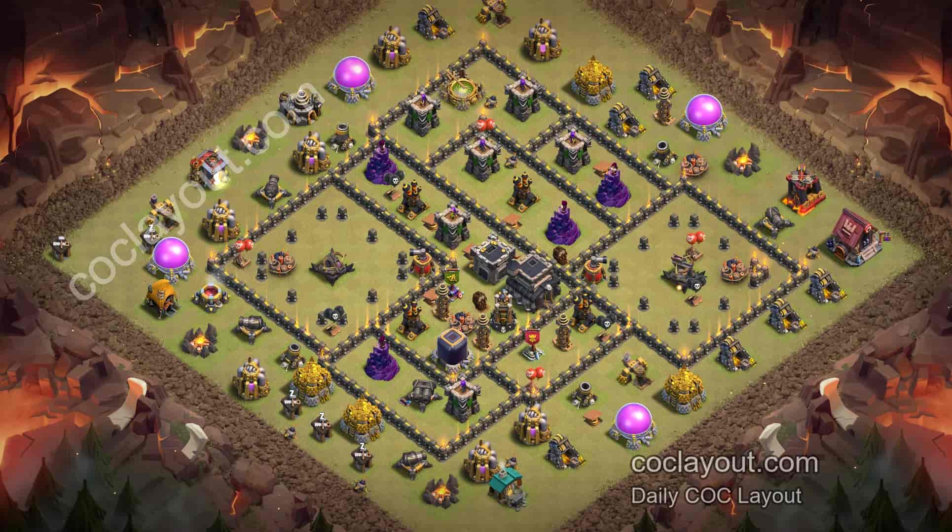 Strong TH9 Clan War Box Base: Centrally Placed Town Hall for 3-Star Defense, Core Defenses Hard to Plan Around - Home Village TH9 Base Image Strong TH9 Clan War Box Base: Centrally Placed Town Hall for 3-Star Defense, Core Defenses Hard to Plan Around - Home Village TH9 Base Image