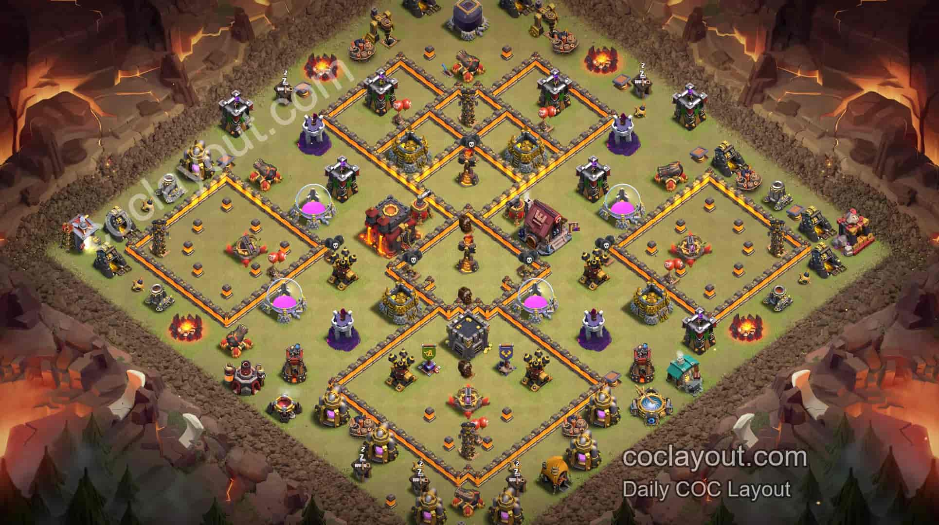 TH10 Clan War Symmetrical Grid Base! Town Hall in the Center for Stronger Core Defense - Home Village TH10 Base Image TH10 Clan War Symmetrical Grid Base! Town Hall in the Center for Stronger Core Defense - Home Village TH10 Base Image