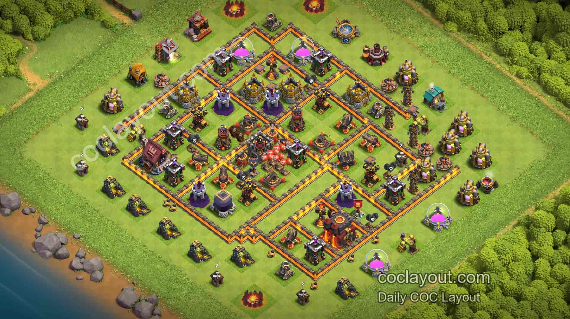 Strong TH10 Town Hall Offset Base Layout for Clan Wars | COC War Defense That Disrupts Pathing - Home Village TH10 Base Image Strong TH10 Town Hall Offset Base Layout for Clan Wars | COC War Defense That Disrupts Pathing - Home Village TH10 Base Image