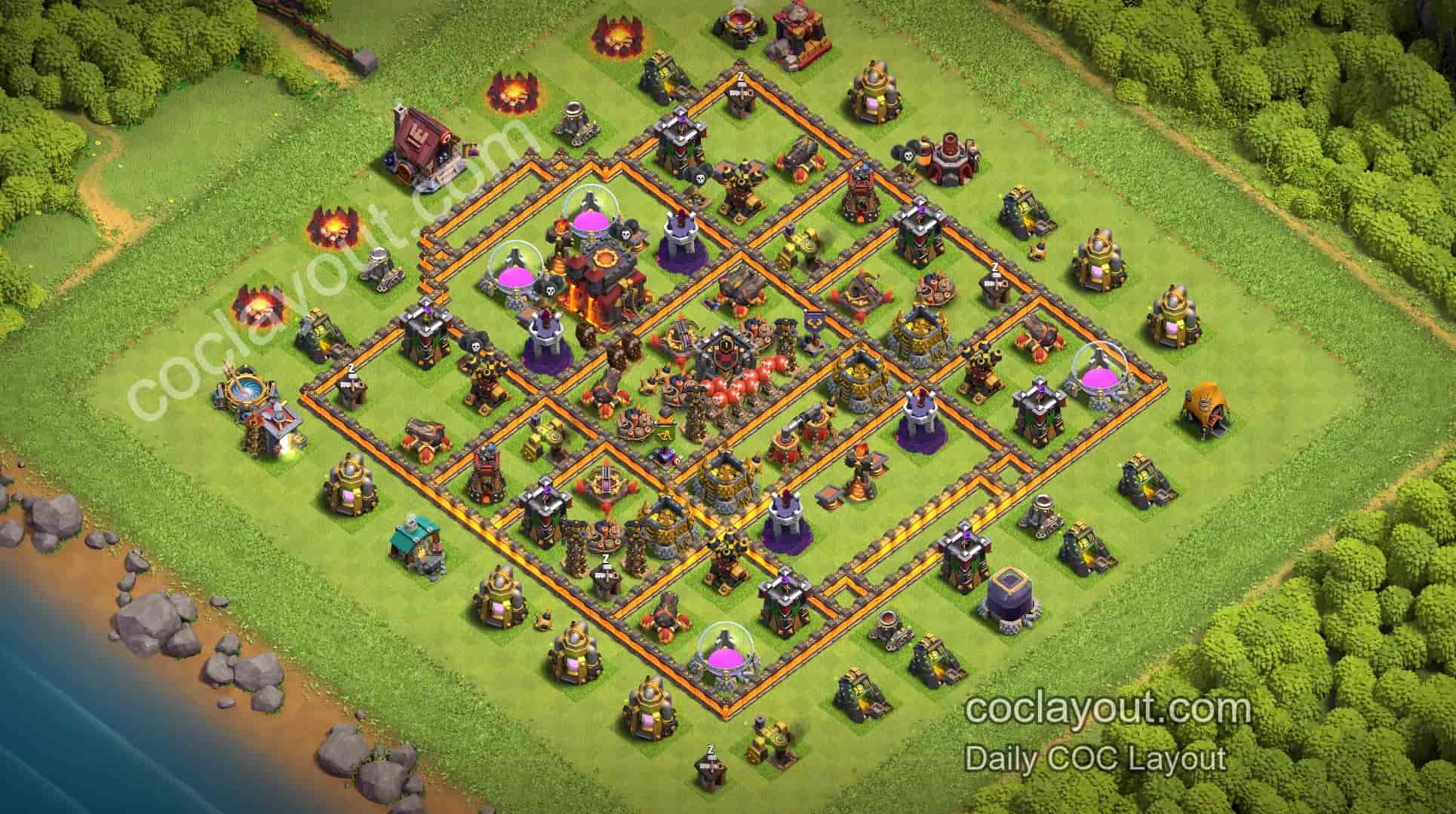 Best TH10 Clan War Symmetrical Grid Pathing Base | Offset Town Hall Defensive Layout - Home Village TH10 Base Image Best TH10 Clan War Symmetrical Grid Pathing Base | Offset Town Hall Defensive Layout - Home Village TH10 Base Image