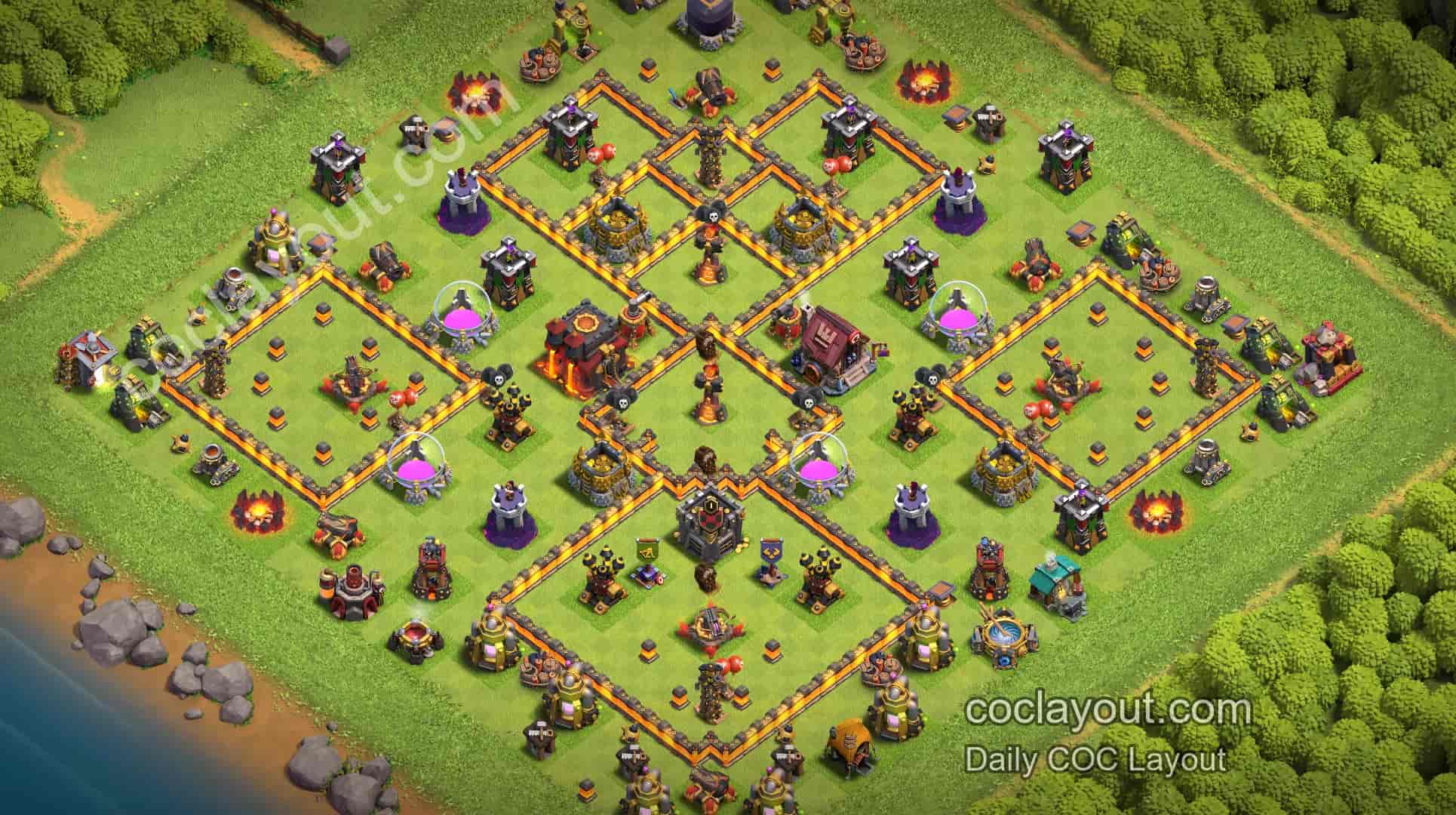 Strong Clan War Opening | TH10 Symmetrical Grid Base, Popular Home Village War Layout - Home Village TH10 Base Image Strong Clan War Opening | TH10 Symmetrical Grid Base, Popular Home Village War Layout - Home Village TH10 Base Image