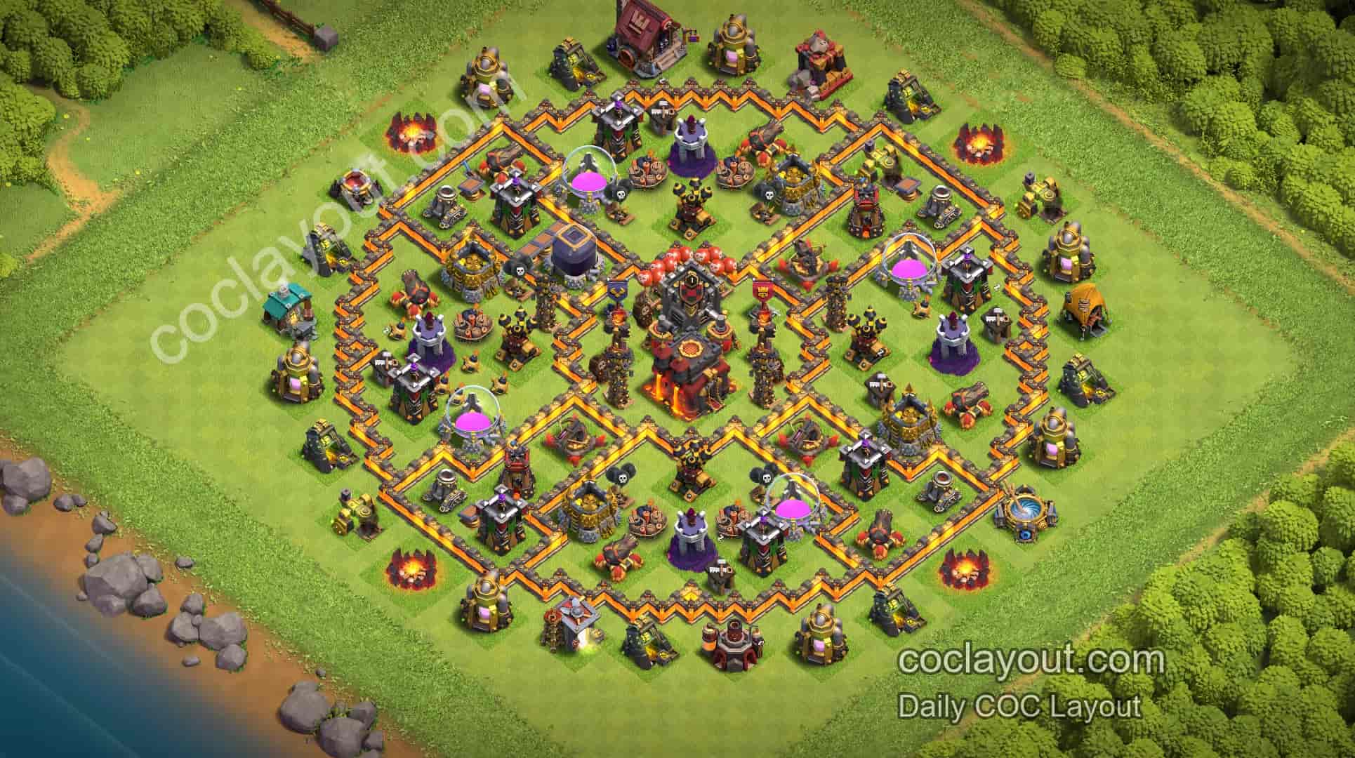 TH10 War Ring Base with Pathing to Protect the Town Hall: Forgiving Layout, Difficult to Triple - Home Village TH10 Base Image TH10 War Ring Base with Pathing to Protect the Town Hall: Forgiving Layout, Difficult to Triple - Home Village TH10 Base Image