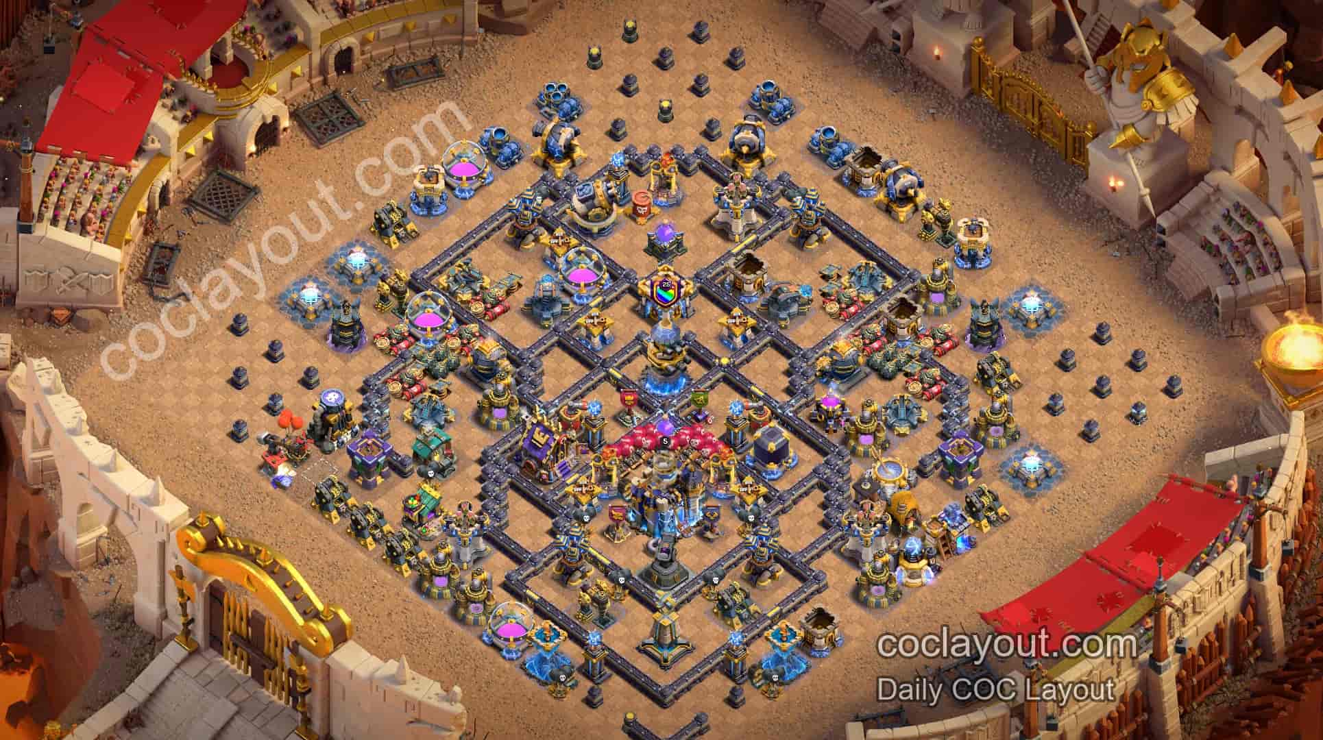 COC TH18 वॉर डिफेंस बेस लेआउट: ऑफसेट टाउन हॉल के साथ दो रेज स्पेल टावर और मजबूत हीरो कोर - होम विलेज TH18 बेस छवि COC TH18 वॉर डिफेंस बेस लेआउट: ऑफसेट टाउन हॉल के साथ दो रेज स्पेल टावर और मजबूत हीरो कोर - होम विलेज TH18 बेस छवि
