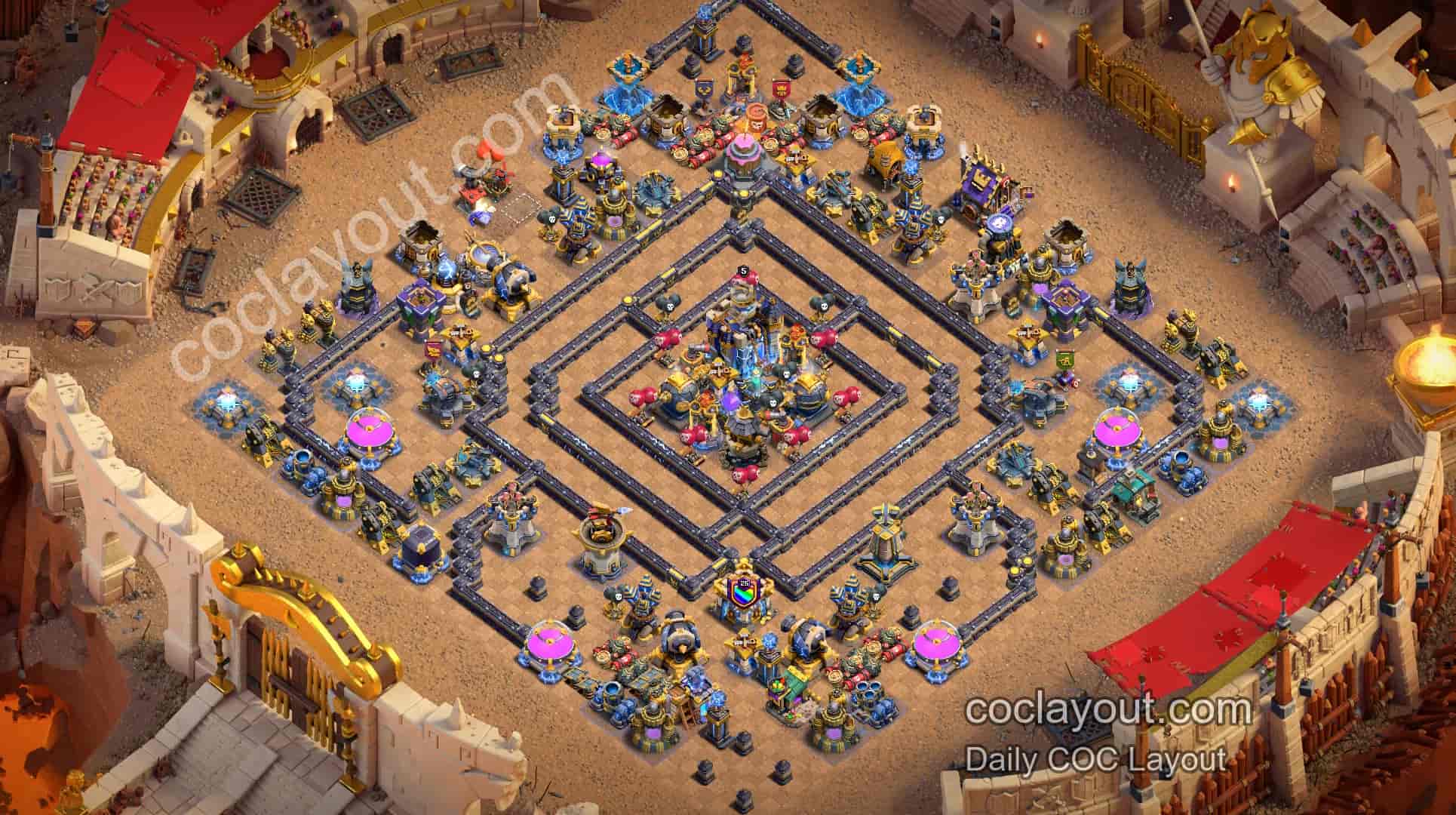 COC TH18 War Town Hall Protection Pathing Ring Base: Invisibility Tower + Rage Tower Core Defense - Home Village TH18 Base Image COC TH18 War Town Hall Protection Pathing Ring Base: Invisibility Tower + Rage Tower Core Defense - Home Village TH18 Base Image