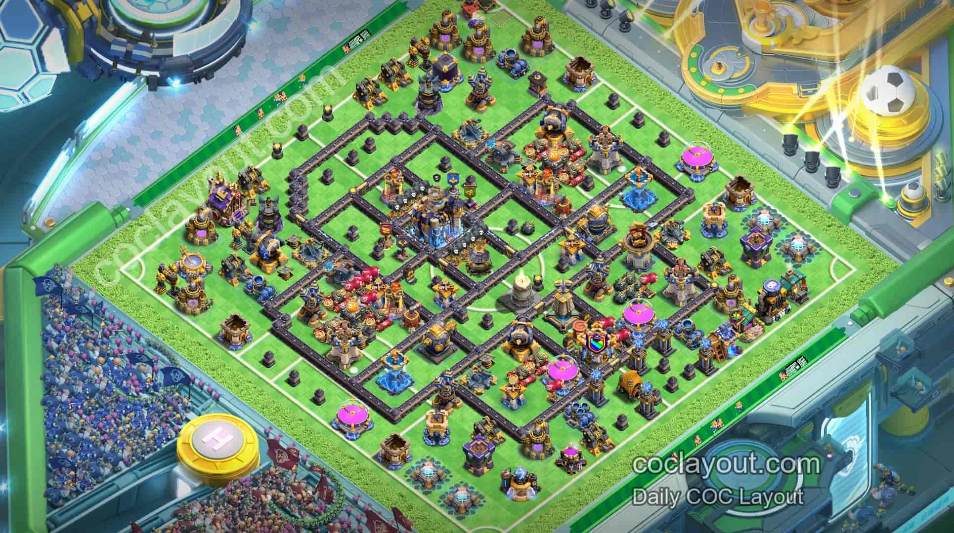 COC TH18 Strong Clan War Defense Base Layout: Double Invisibility Spell Towers + Core Town Hall Defense - Home Village TH18 Base Image COC TH18 Strong Clan War Defense Base Layout: Double Invisibility Spell Towers + Core Town Hall Defense - Home Village TH18 Base Image