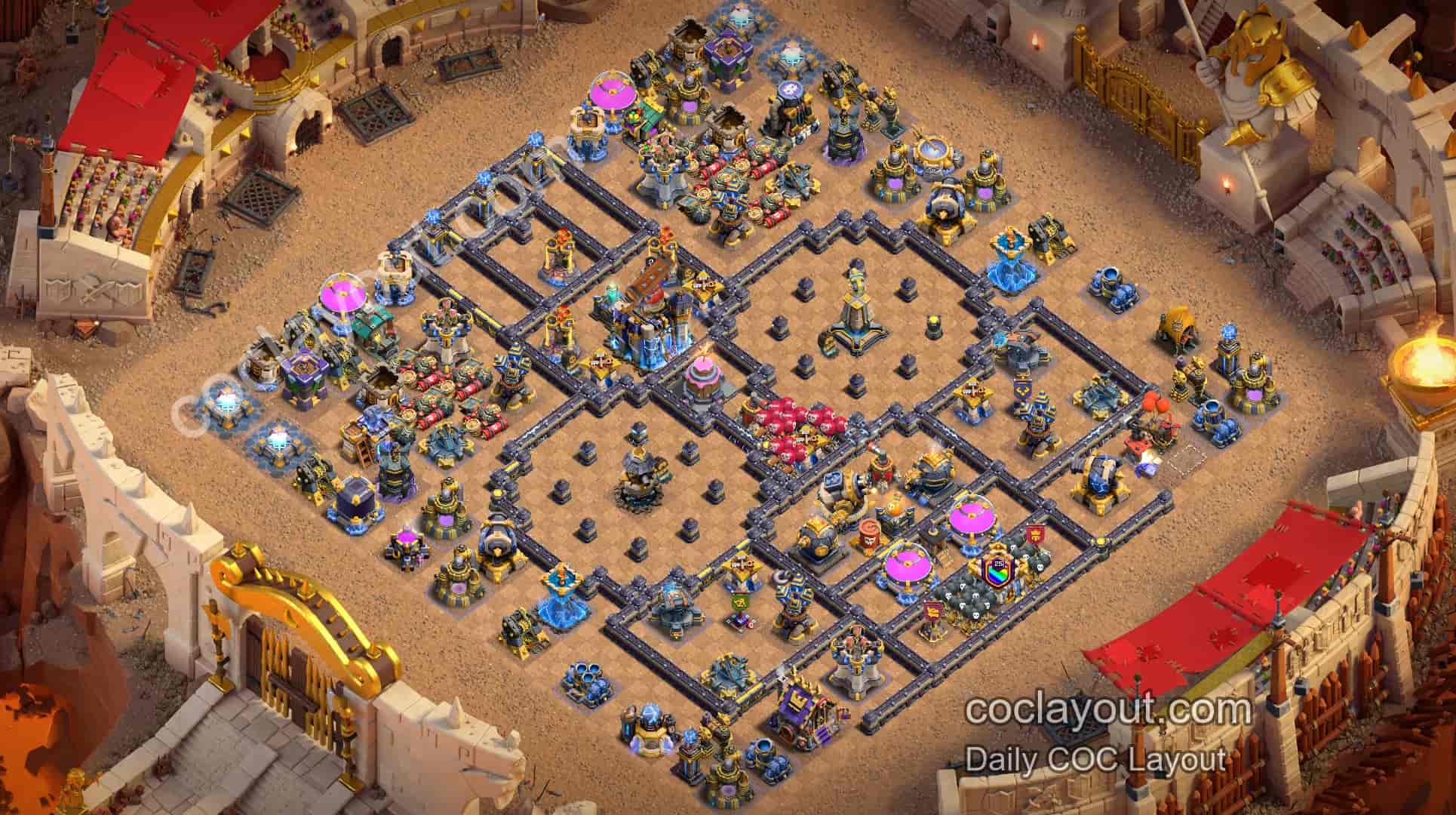 Best TH18 Clan War Symmetrical Grid Base: Poison and Invisibility Spell Towers for Core Anti-3-Star Defense - Home Village TH18 Base Image Best TH18 Clan War Symmetrical Grid Base: Poison and Invisibility Spell Towers for Core Anti-3-Star Defense - Home Village TH18 Base Image
