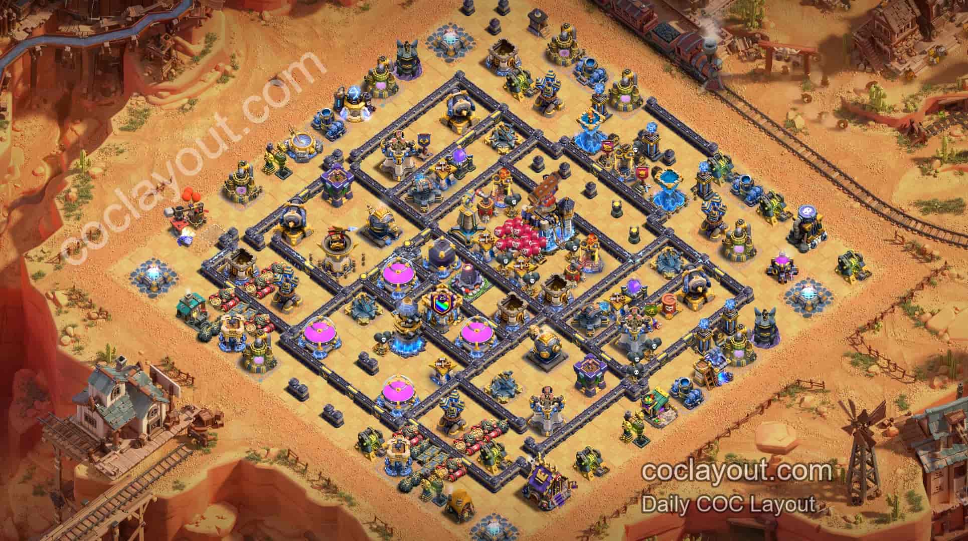COC TH18 Clan War Anti-3-Star Base Layout | Centered Town Hall with Double Rage Towers in a Symmetrical Grid Base - Home Village TH18 Base Image COC TH18 Clan War Anti-3-Star Base Layout | Centered Town Hall with Double Rage Towers in a Symmetrical Grid Base - Home Village TH18 Base Image