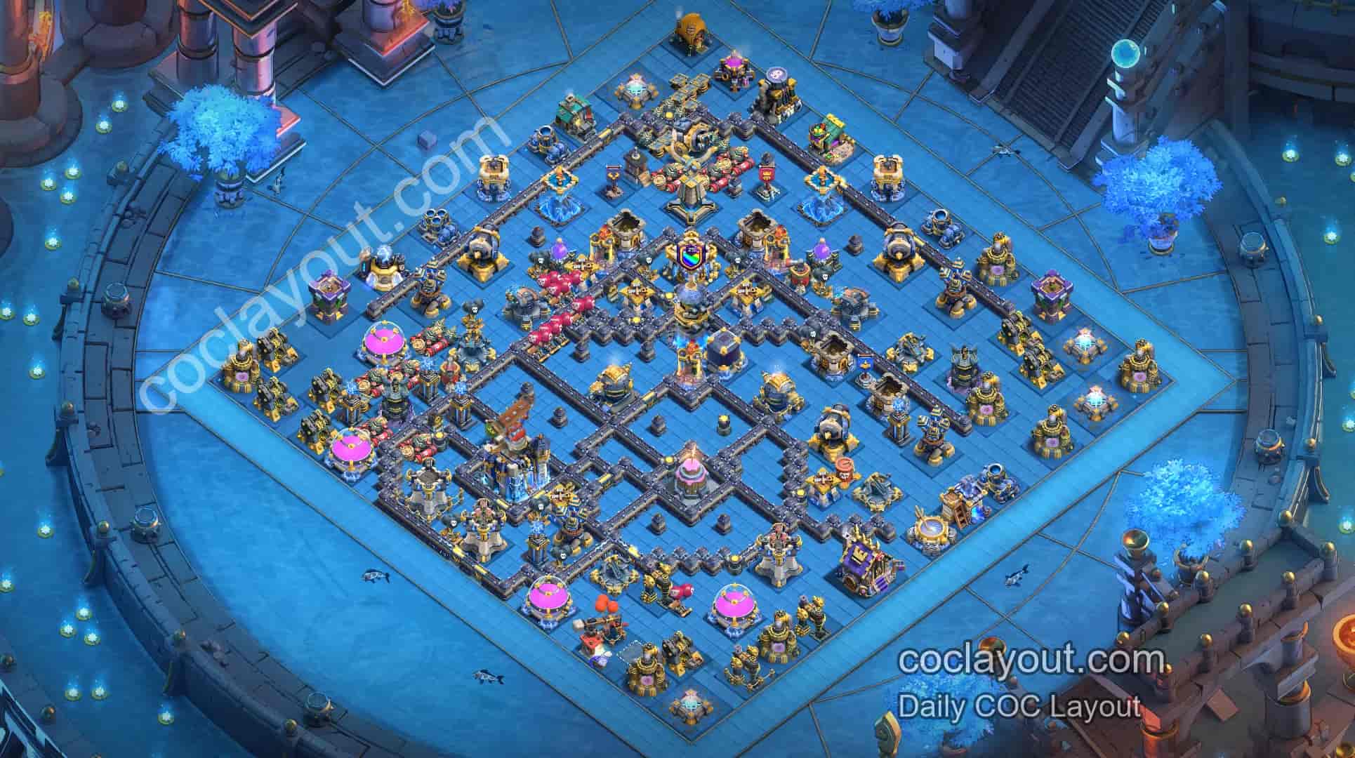 Best TH18 Clan War Pathing Base: Offset Town Hall with Double Rage Towers and Logger Defense - Home Village TH18 Base Image Best TH18 Clan War Pathing Base: Offset Town Hall with Double Rage Towers and Logger Defense - Home Village TH18 Base Image