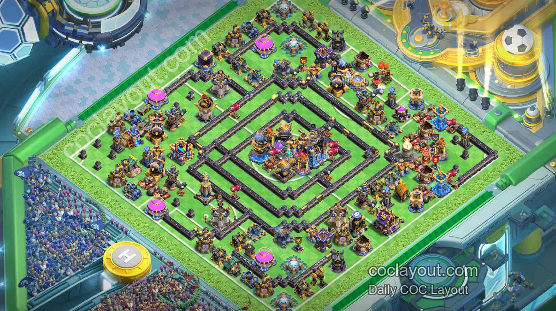 Strong Clan War Defense! TH18 Central Town Hall Compartment Pathing Base - Home Village TH18 Base Image Strong Clan War Defense! TH18 Central Town Hall Compartment Pathing Base - Home Village TH18 Base Image