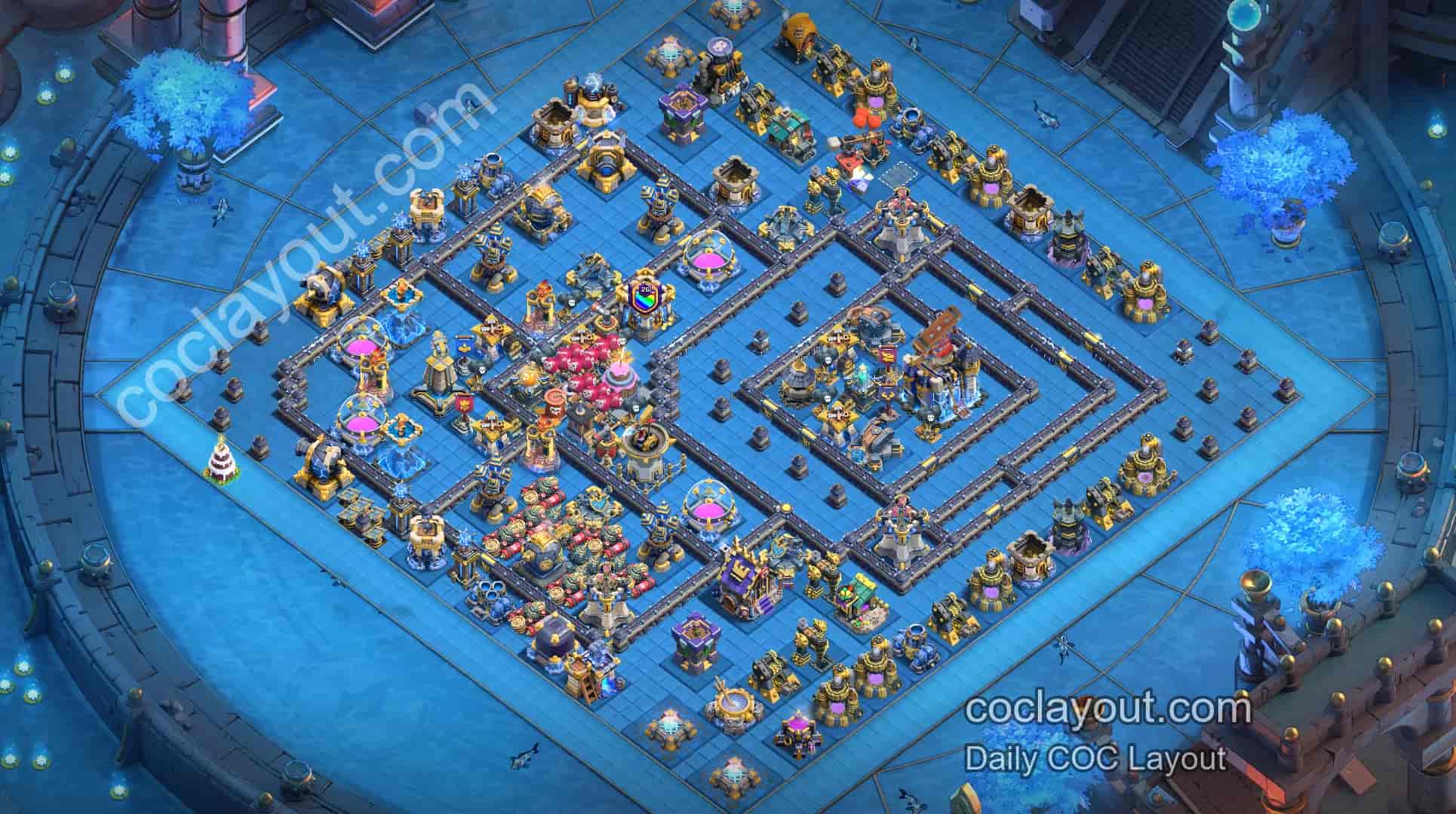 Best TH18 Clan War Base Layout | Two Defensive Zones Split by a Central Divider, Poison and Invisibility Towers Working Together - Home Village TH18 Base Image Best TH18 Clan War Base Layout | Two Defensive Zones Split by a Central Divider, Poison and Invisibility Towers Working Together - Home Village TH18 Base Image