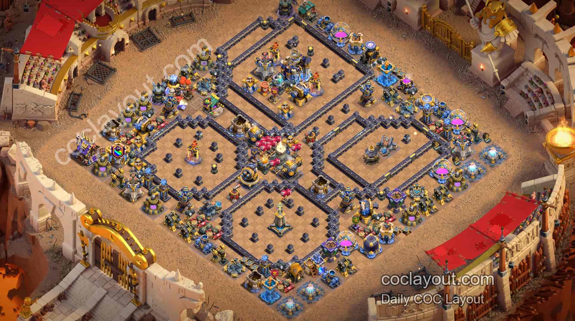 Clan War | 4 TH18 Box Base Layouts, Poison Tower + Invisibility Tower Defense, Off-Center Town Hall for Strong Home Defense - Home Village TH18 Base Image Clan War | 4 TH18 Box Base Layouts, Poison Tower + Invisibility Tower Defense, Off-Center Town Hall for Strong Home Defense - Home Village TH18 Base Image