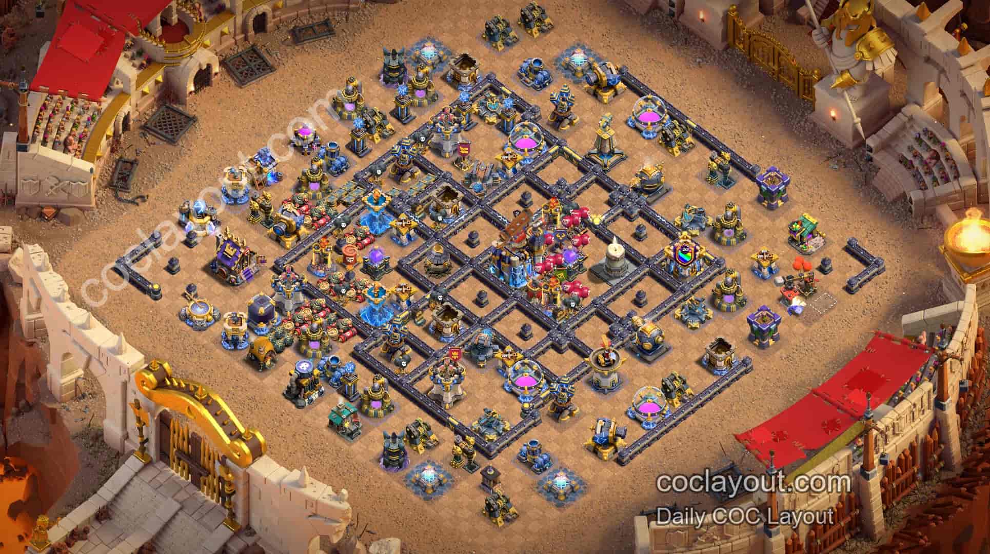 COC TH18 Clan War Town Hall Protection Base: Dual Rage Spell Towers and Logger Core Defense - Home Village TH18 Base Image COC TH18 Clan War Town Hall Protection Base: Dual Rage Spell Towers and Logger Core Defense - Home Village TH18 Base Image