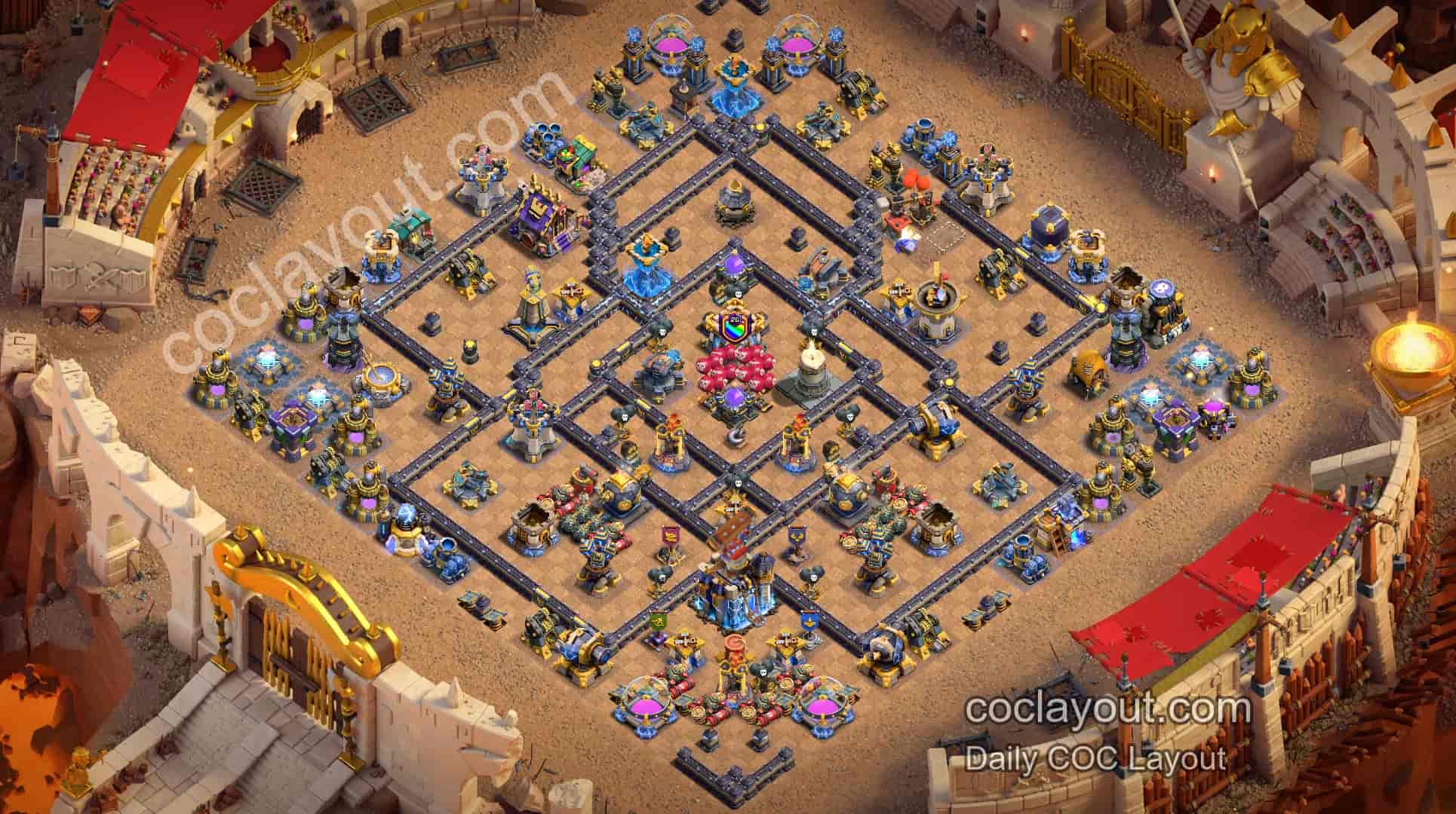 TH18 Clan War Legend League Guide Base: Dual Rage Towers with the Town Hall, Heroes and Logger for Strong Defense - Home Village TH18 Base Image TH18 Clan War Legend League Guide Base: Dual Rage Towers with the Town Hall, Heroes and Logger for Strong Defense - Home Village TH18 Base Image